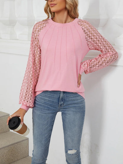 Womens Lantern Sleeve Lace Spliced Design Pullover
