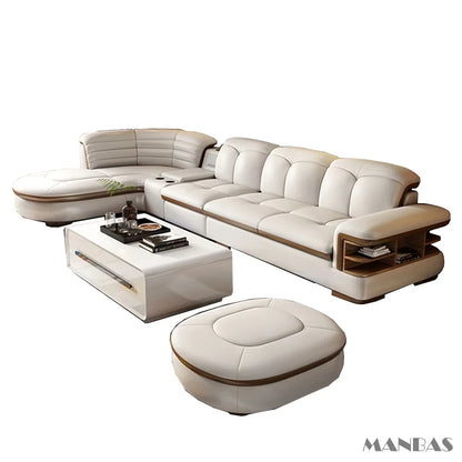 Luxury L-Shaped Genuine Leather Sectional Sofa Set