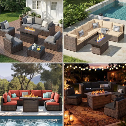 7-Pieces Patio Furniture Sets Outdoor Sectional Firepit Table