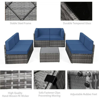 7 Piece Rattan Gray Wicker Outdoor Sectional Furniture Set