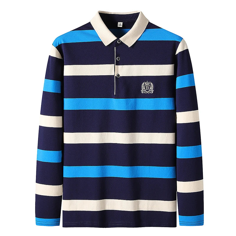Men Polo Shirt Cotton Long Sleeve Stripe