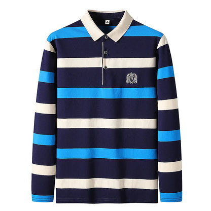 Men Polo Shirt Cotton Long Sleeve Stripe