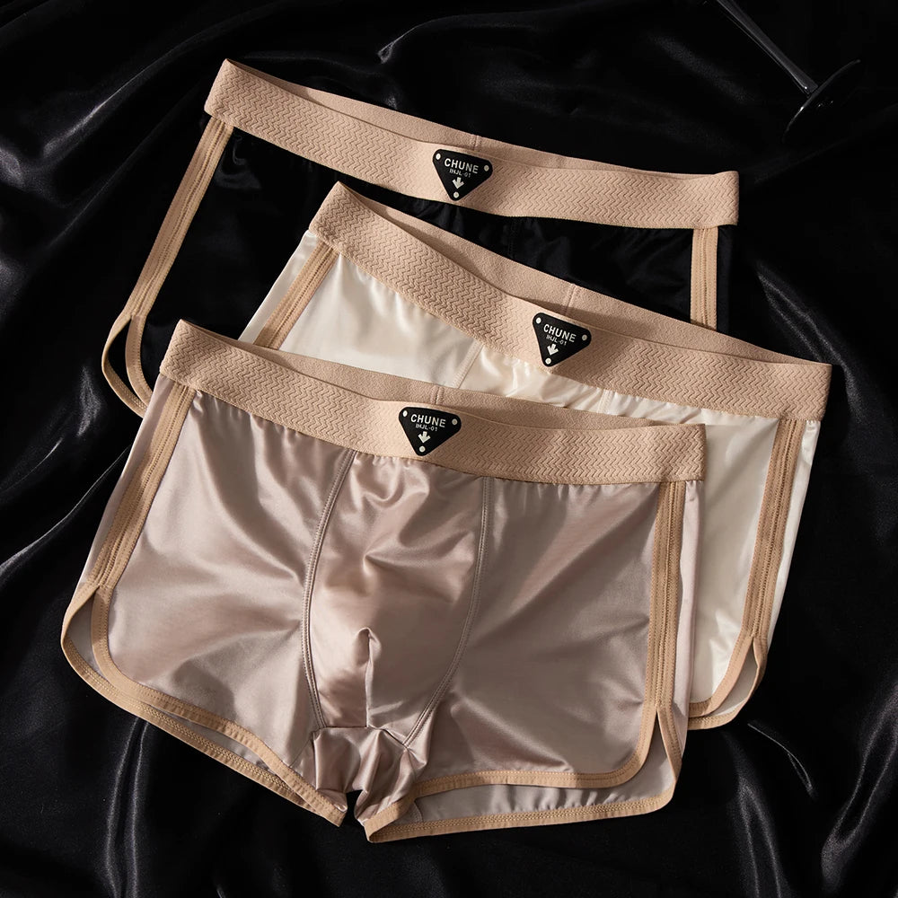 3PCS Luxury Silk Satin-like Men's  Breathable Underwear