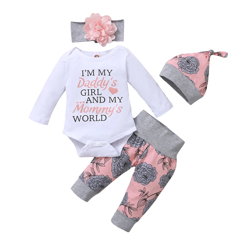 4 Pcs Baby Girl Clothing Long Sleeve Romper Hat & Headband
