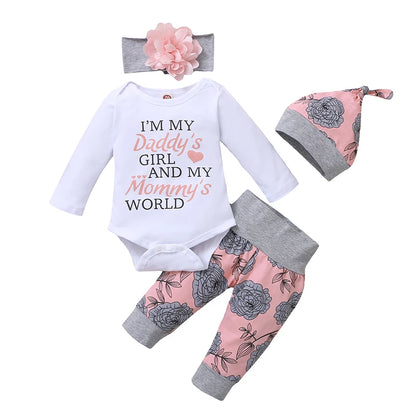4 Pcs Baby Girl Clothing Long Sleeve Romper Hat & Headband
