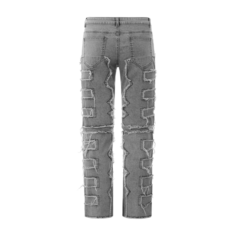 Men Skinny Pants Vintage Patch Frayed Denim
