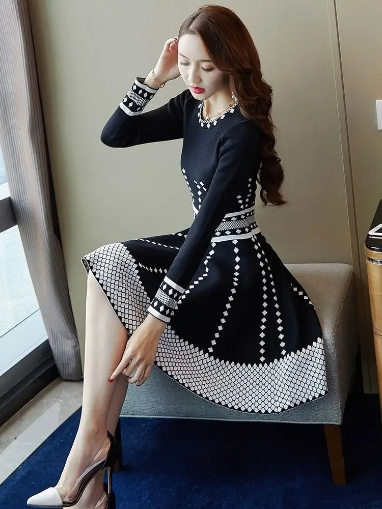 Fashion Long Sleeve Midi Dresses Women Elegant