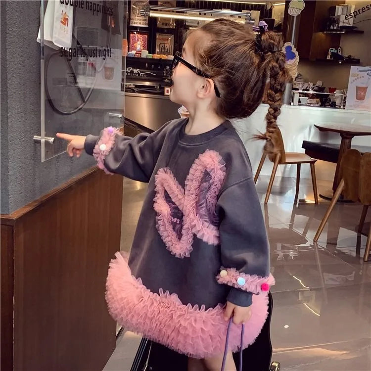 Girls' Casual Stylish Patchwork Tulle Hoodie Dresses