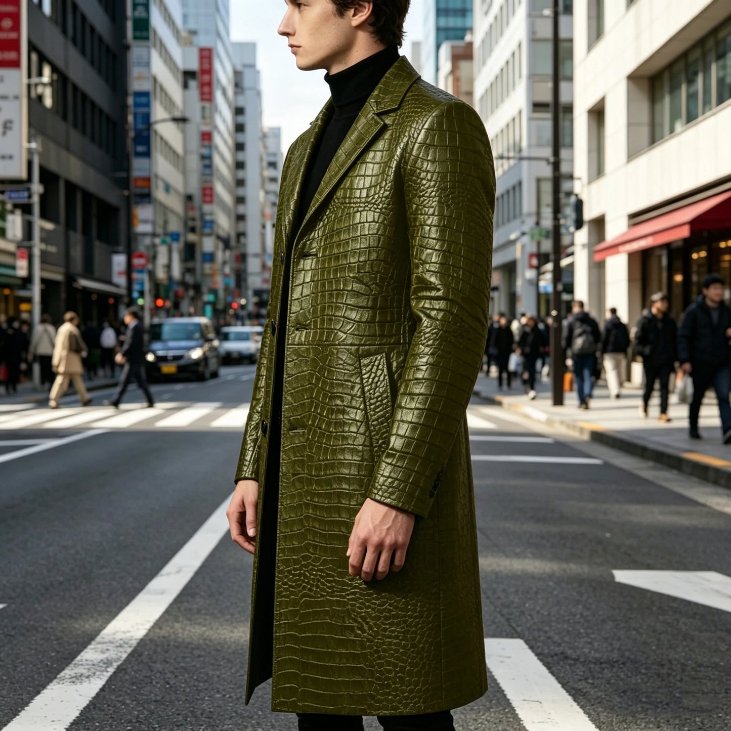Men's Crocodile Leather Trench Coat Luxury Long