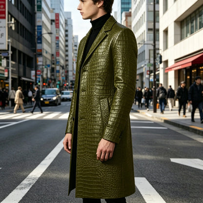 Men's Crocodile Leather Trench Coat Luxury Long