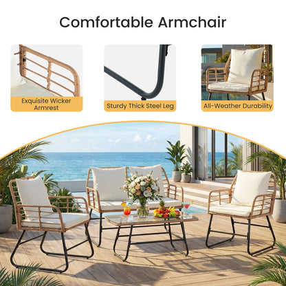 4 PCS Outdoor Wicker Patio Furniture Soft Cushion