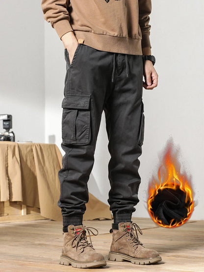Cargo Pants Men Multi-Pockets Drawstring Fleece Liner