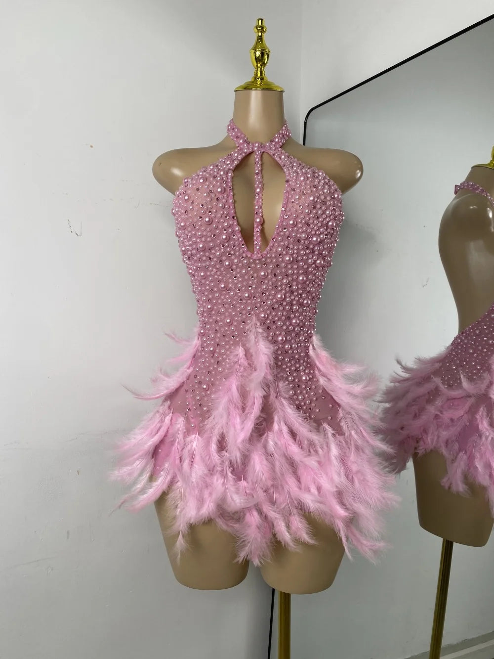 Women Sexy Halter Beading Feather Tight Bodysuit