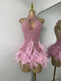 Women Sexy Halter Beading Feather Tight Bodysuit