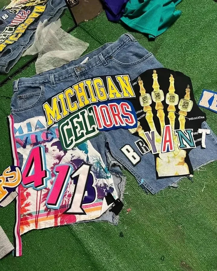 Men Woman Rhinestone Sequin Denim Shorts
