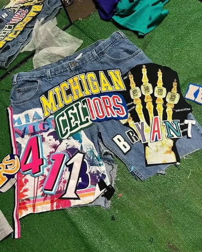Men Woman Rhinestone Sequin Denim Shorts