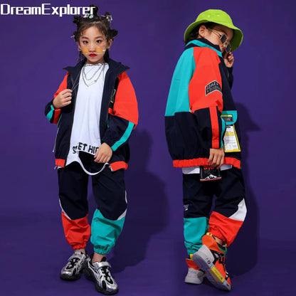 2 Pcs Boys/Girls Hip Hop Contrast Jacket Loose Pants