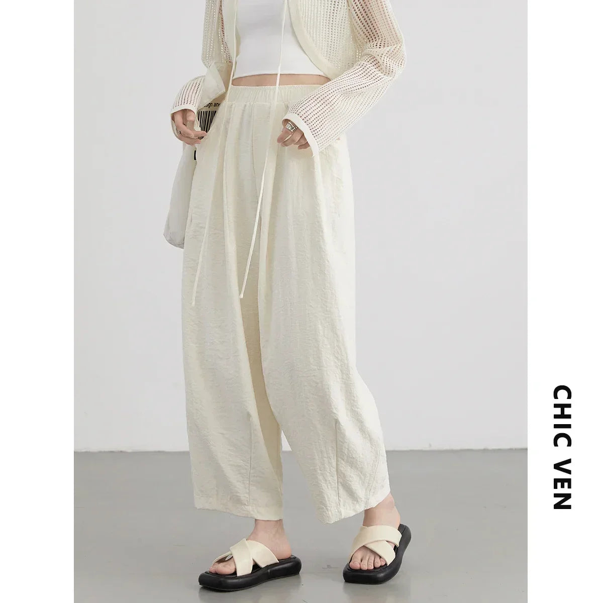 White Pants Casual Elastic High Waisted Womens