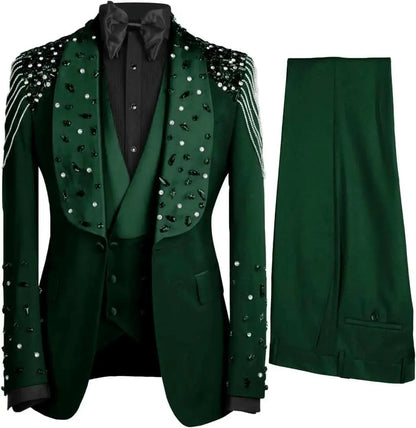3 Piece Luxury Crystals Beaded Lapel  Wedding Tuxedos