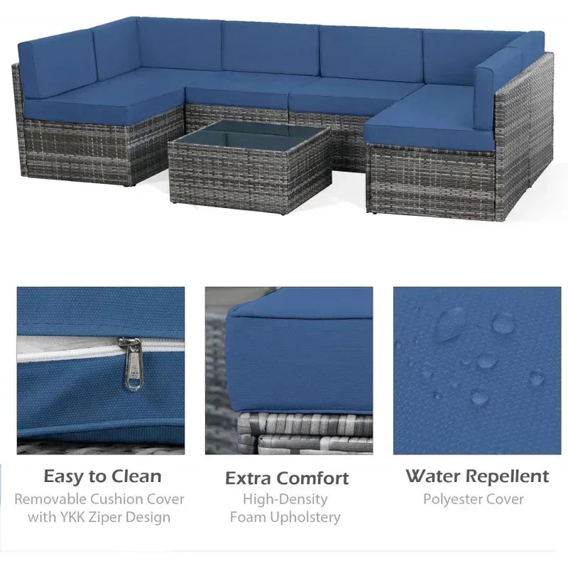 7 Piece Rattan Gray Wicker Outdoor Sectional Furniture Set