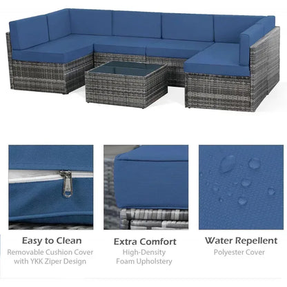 7 Piece Rattan Gray Wicker Outdoor Sectional Furniture Set