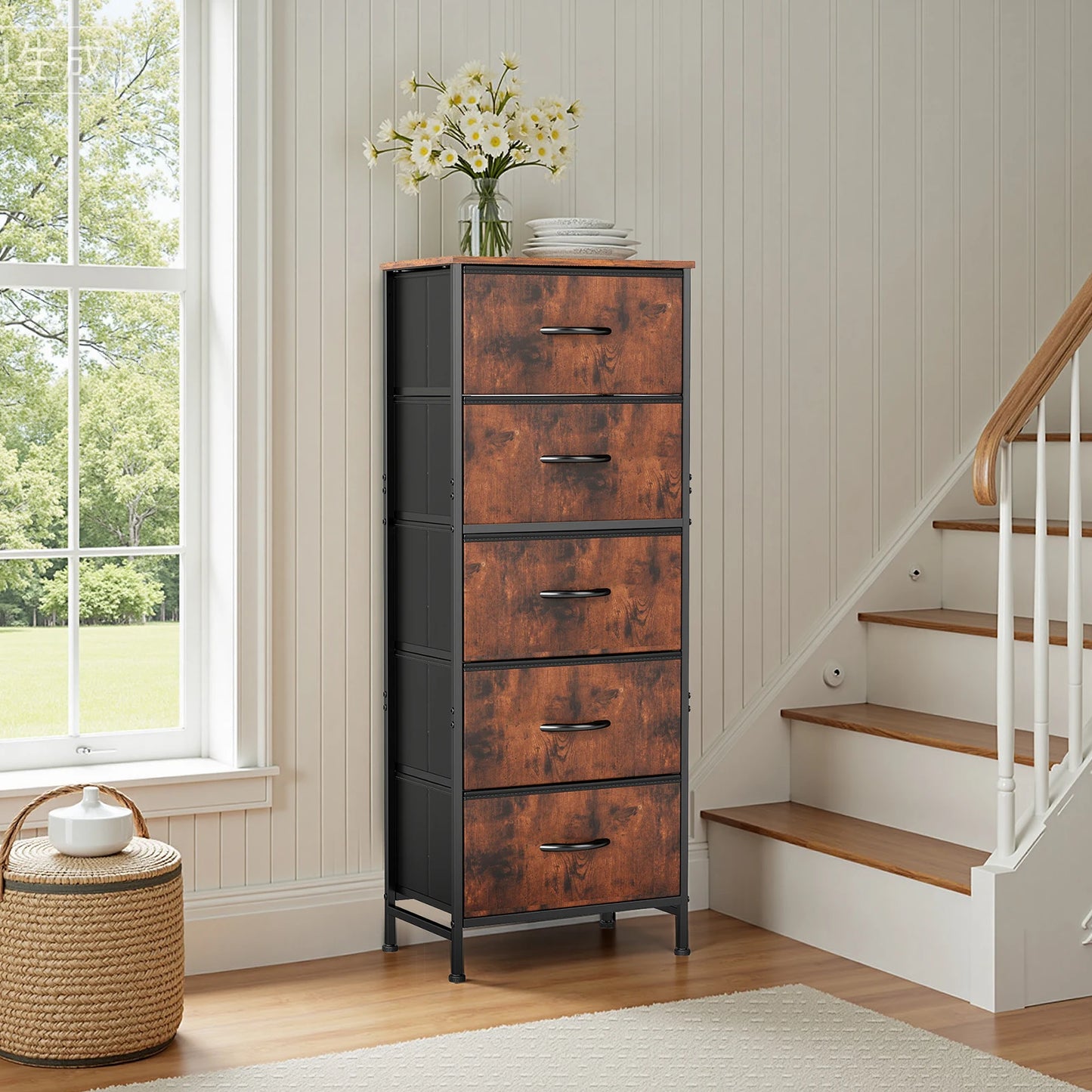 Dresser With 5 Fabric Drawers, Steel Frame