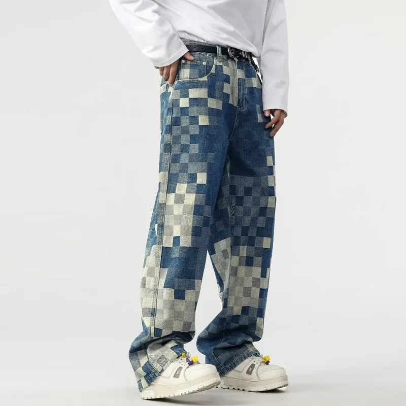 Mosaic Checkerboard Printed Jeans Men Fashion Loose