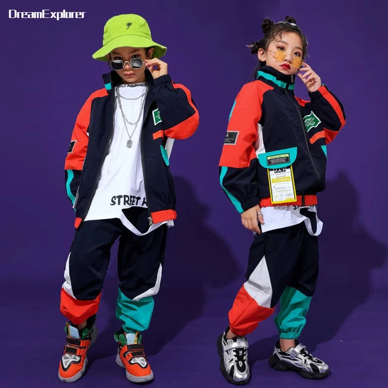2 Pcs Boys/Girls Hip Hop Contrast Jacket Loose Pants