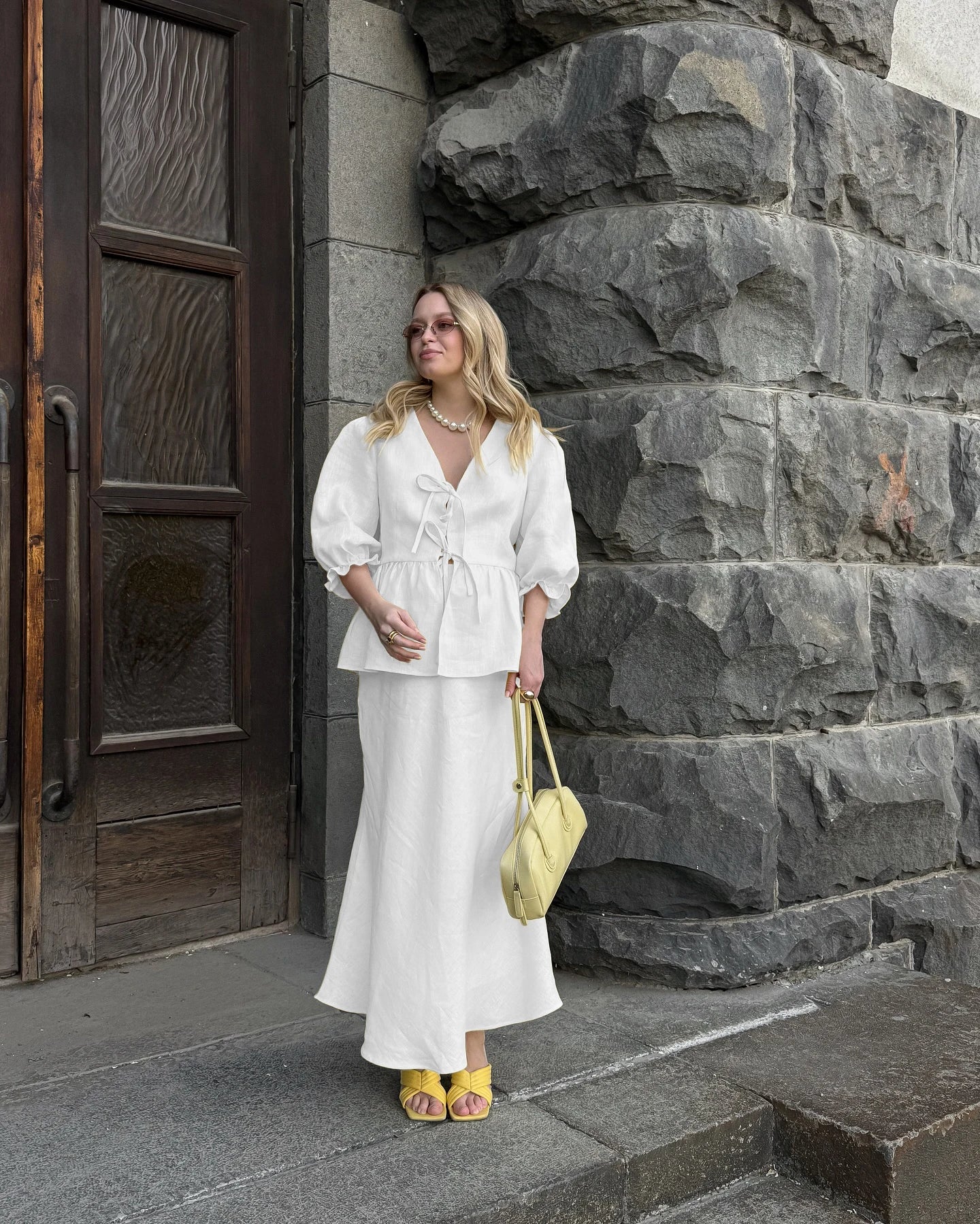 2 PCS V-Neck Lace-Up Bubble Sleeve Shirt  Long Skirt