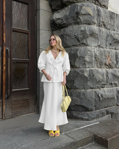 2 PCS V-Neck Lace-Up Bubble Sleeve Shirt  Long Skirt