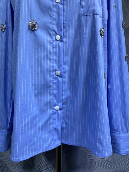 Flower Studded Diamond Lapel Long Sleeved Shirt