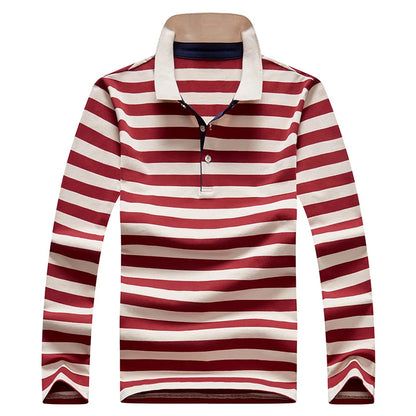 Men Polo Shirt Cotton Long Sleeve Stripe