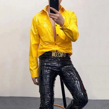 Men's Shiny Leather Casual Color Button-Down