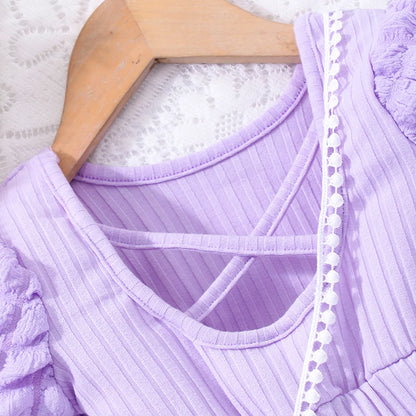 Girls Bubble Sleeve Ribbed Short Romper Set