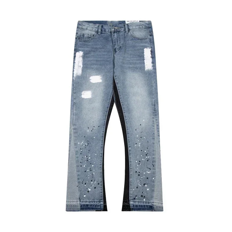 Retro Washed Spliced Denim High Brand Jeans