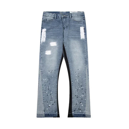 Retro Washed Spliced Denim High Brand Jeans