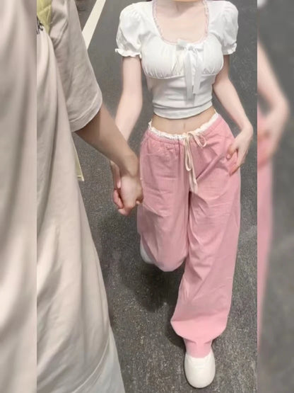 Sweet And Spicy Ruffle Pink Casual Pants Women