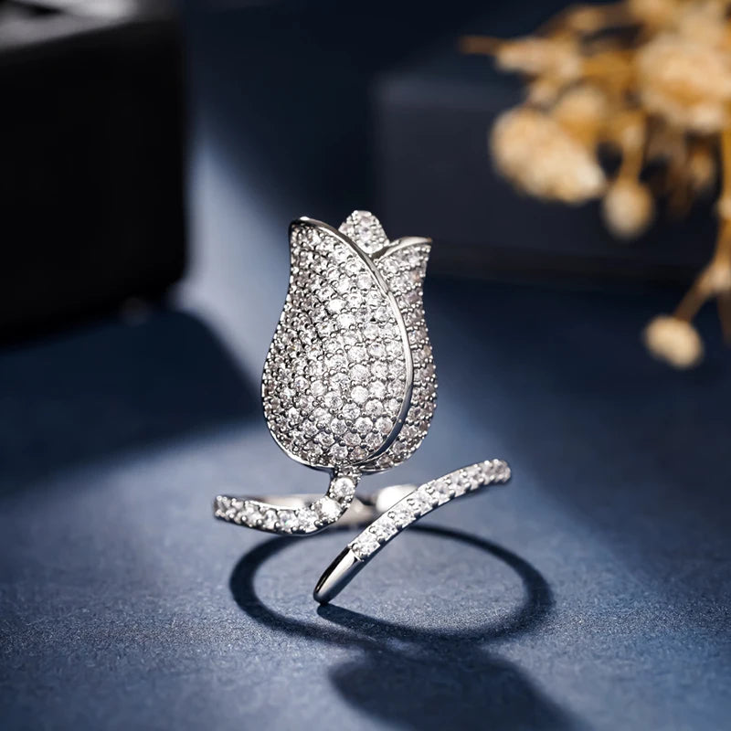 Romantic Tulip Design Flower Rings with Dazzling CZ