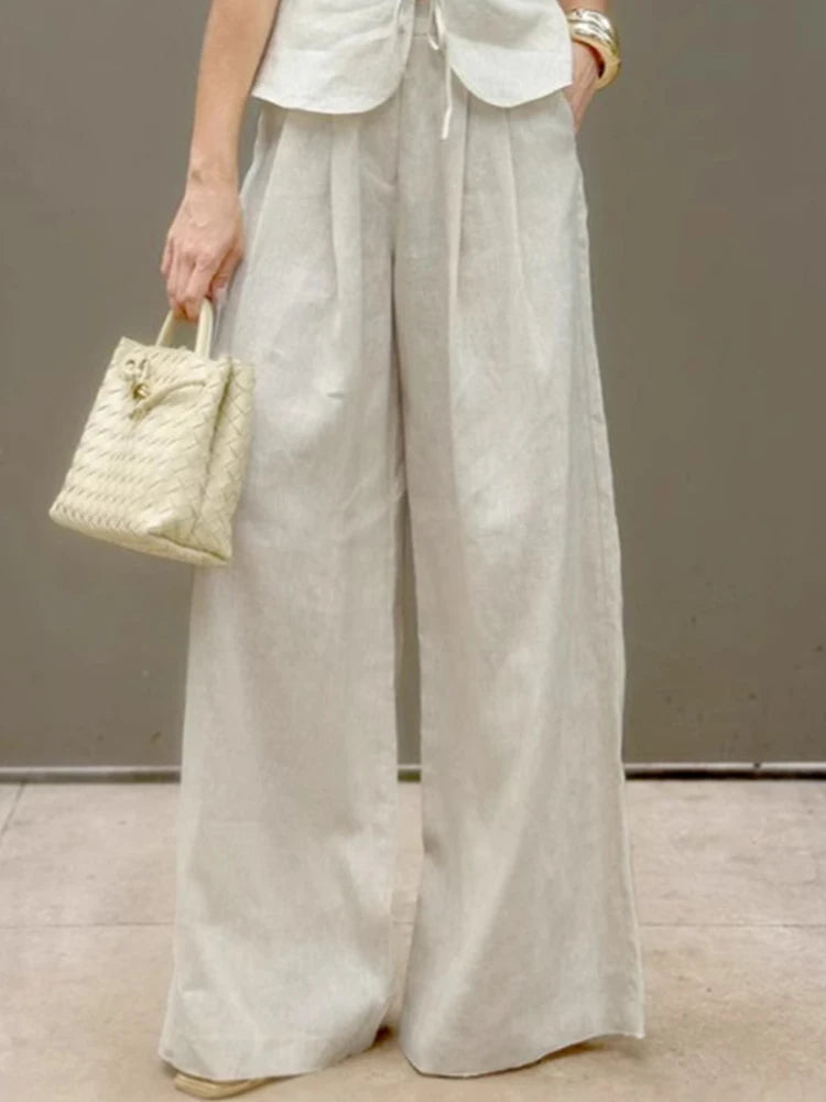 2 Pcs Office Pant Suits Solid Beige Wide Leg