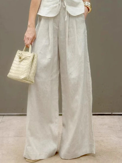 2 Pcs Office Pant Suits Solid Beige Wide Leg