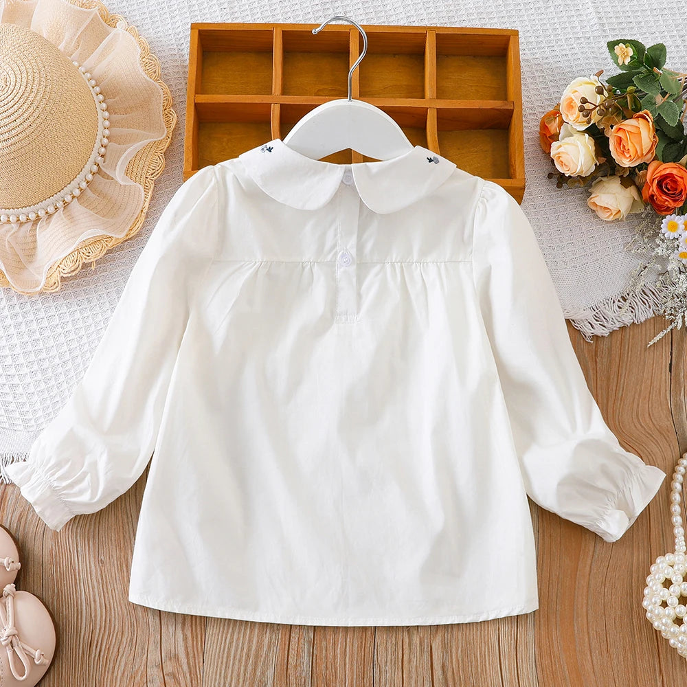 Girls' White Blouse Floral Embroidered Collar Bow
