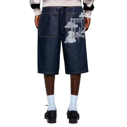 Clouds Pattern Pocket Embroidery Denim Baggy Shorts