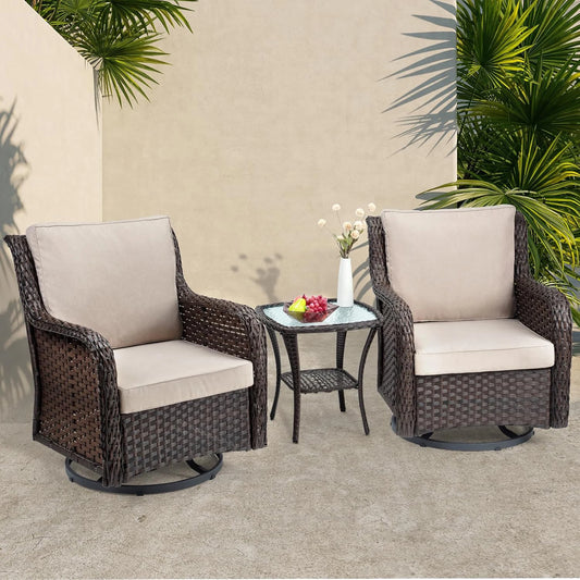 3-Piece Wicker Swivel Rocker Patio Set, Glass Table