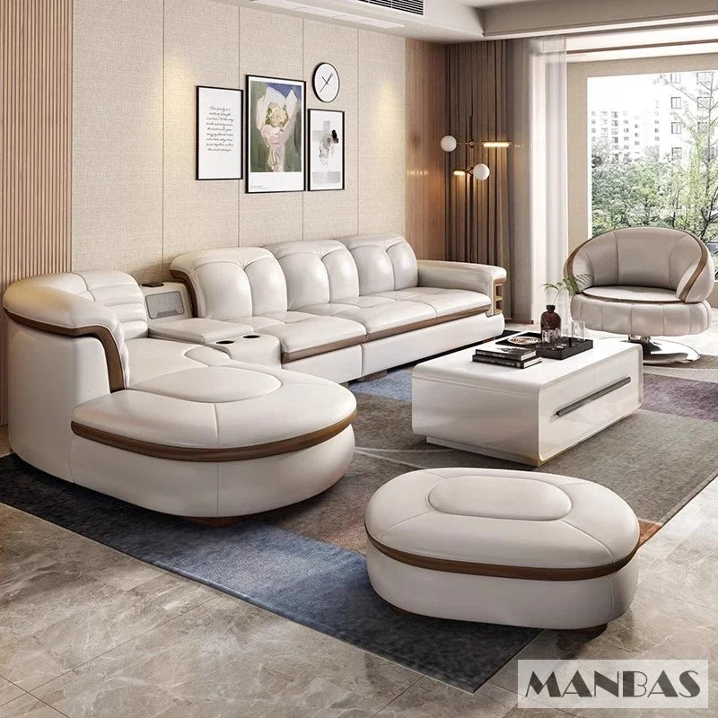 Luxury L-Shaped Genuine Leather Sectional Sofa Set