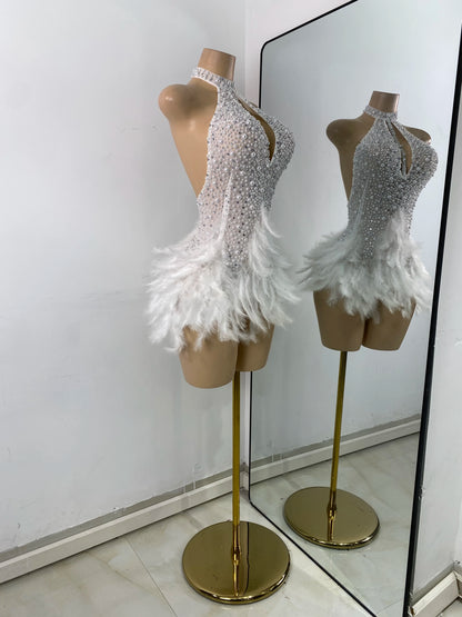 Women Sexy Halter Beading Feather Tight Bodysuit