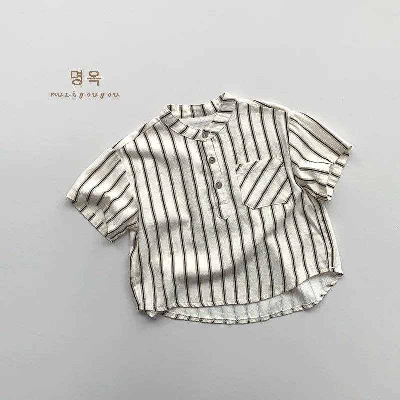 Boys Cotton Striped Pocket Casual Short Sleeve