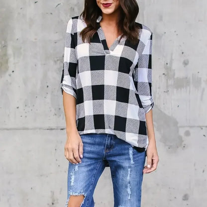 Fashion Plaid V-neck T-Shirt Woman Casual Shirt