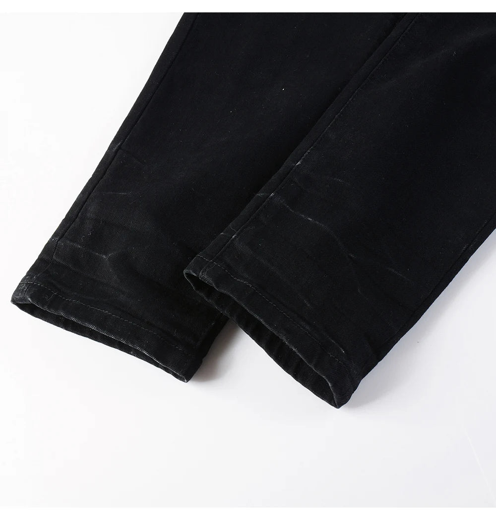 Men's White Pleated Patch Denim Jeans Streetwear