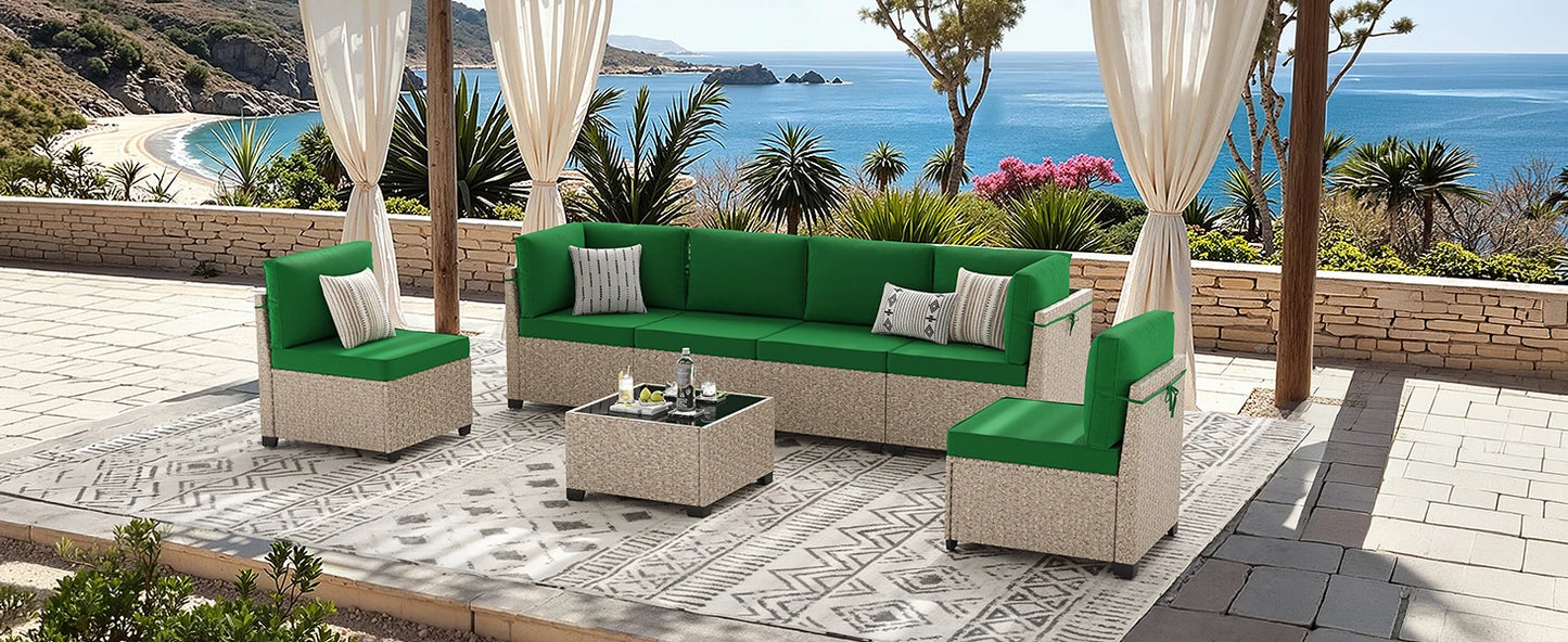7-Piece Outdoor Rattan Sectional Sofa with Tempered Glass