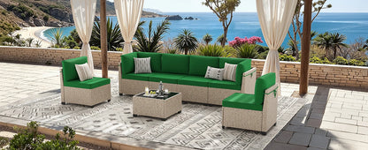 7-Piece Outdoor Rattan Sectional Sofa with Tempered Glass